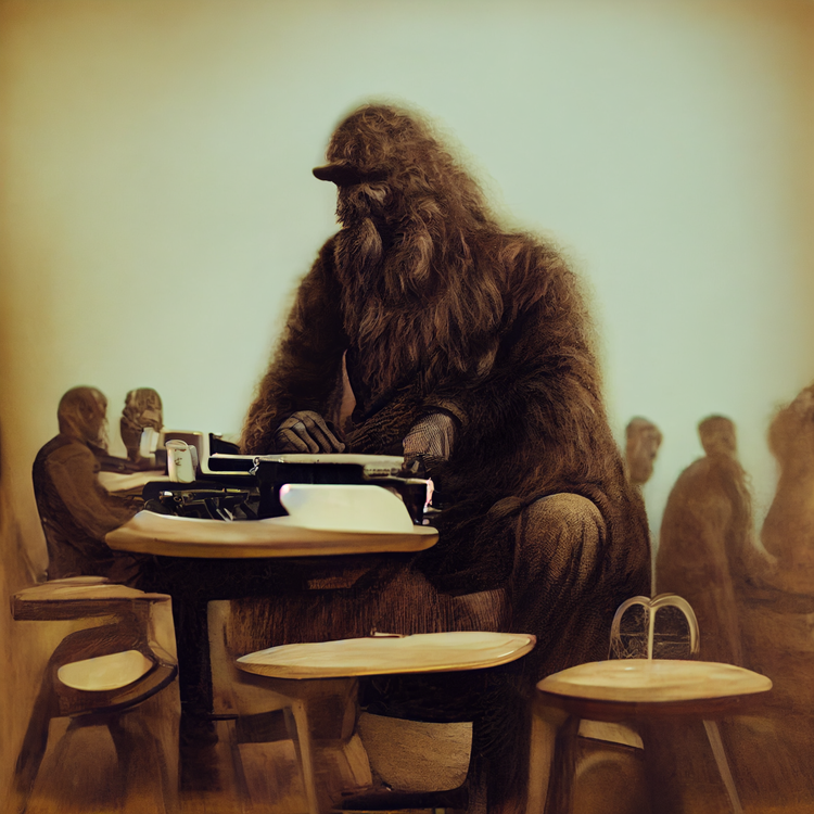 Sasquatch sitting at a table typing on a typewriter in a cafe generated with Midjourney